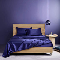 HKM-836883 Navy Blue Four-Piece Satin Silk Bedding Set with Quilt Cover, Bed Sheet, and Pillowcases