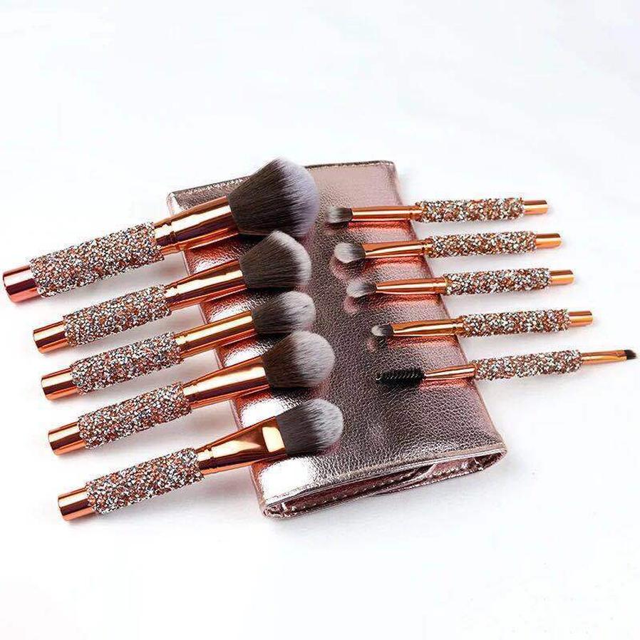 HKM-837331 Ten-Piece Diamond-Encrusted Makeup Brush Set - Nylon Bristles with Wooden Handles
