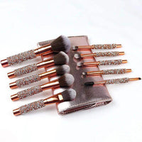 HKM-837331 Ten-Piece Diamond-Encrusted Makeup Brush Set - Nylon Bristles with Wooden Handles