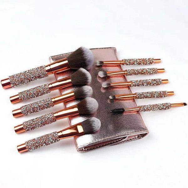 HKM-837331 Ten-Piece Diamond-Encrusted Makeup Brush Set - Nylon Bristles with Wooden Handles