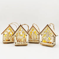 HKM-837715 Wooden Christmas Small House Decorations - Boxwood Snowman, Elk, Santa Claus, and Bell, Modern Simplicity 6.2X4.5X7.7CM