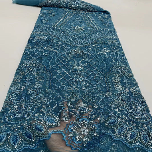 HKM-838099 Beaded Tulle Lace Fabric - 5 Yards in Blue, Sky Blue, Purple, White, Orange Pink, Gold for Spring and Summer