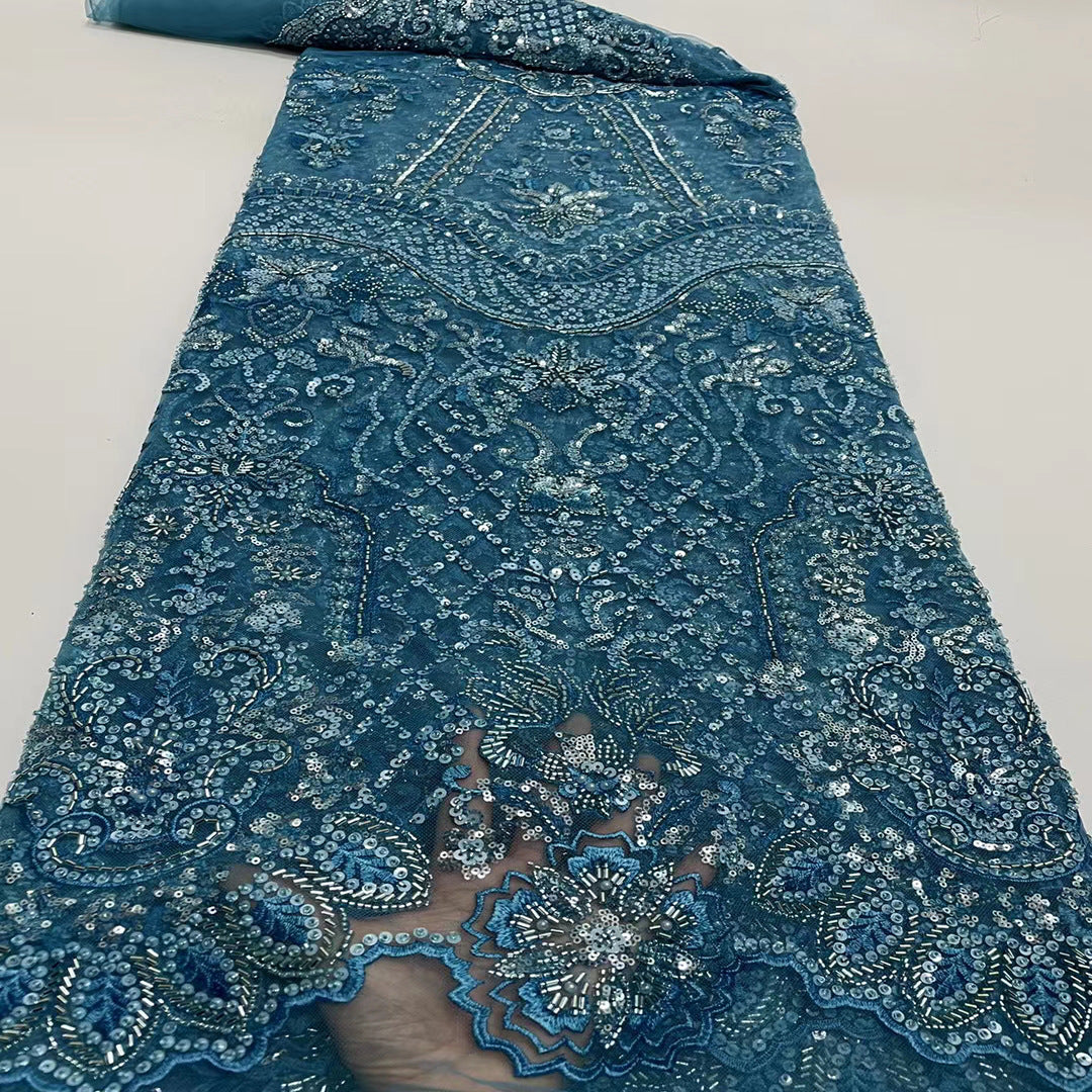 HKM-838099 Beaded Tulle Lace Fabric - 5 Yards in Blue, Sky Blue, Purple, White, Orange Pink, Gold for Spring and Summer