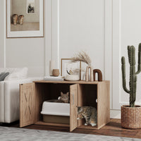 HKM-8381757 Walnut Brown Cat Litter Box Enclosure with Scratching Pad, Multifunctional Washroom Side Table
