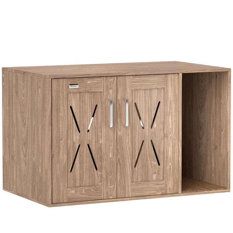 HKM-8381757 Walnut Brown Cat Litter Box Enclosure with Scratching Pad, Multifunctional Washroom Side Table