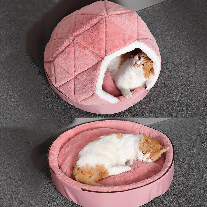 HKM-8382909 Cotton Semi-Enclosed Tent Bed for Small Pets in Brown and Pink - Hand Washable