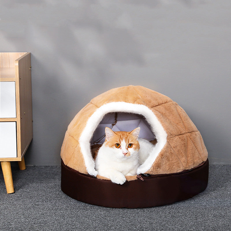 HKM-8382909 Cotton Semi-Enclosed Tent Bed for Small Pets in Brown and Pink - Hand Washable