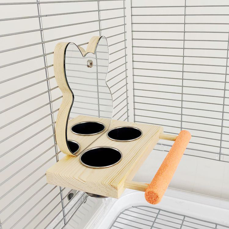 HKM-838355 Stainless Steel Parrot Puzzle Toy with Claw Grinding Stand, Food Cup, and Mirror