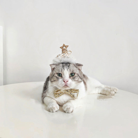 HKM-8386109 Sparkling Cat Birthday Hat Set with Bow Tie - Silver & Gold Stars