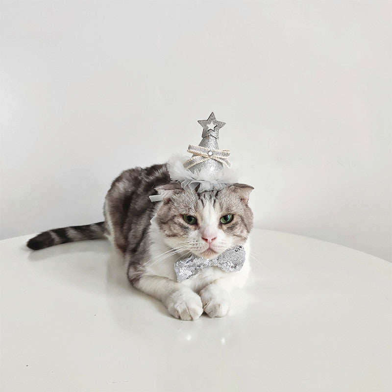 HKM-8386109 Sparkling Cat Birthday Hat Set with Bow Tie - Silver & Gold Stars