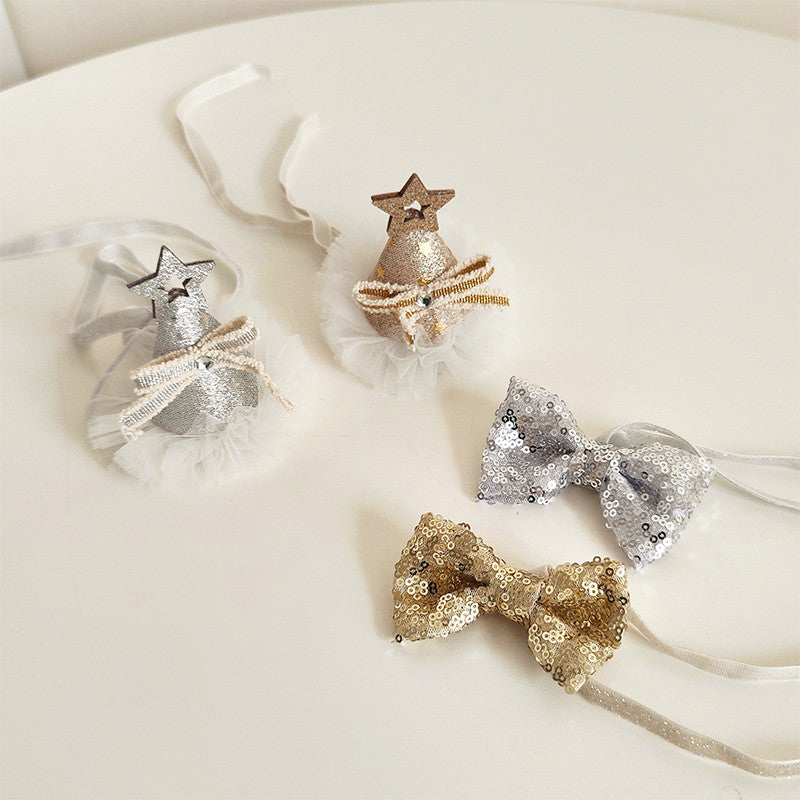HKM-8386109 Sparkling Cat Birthday Hat Set with Bow Tie - Silver & Gold Stars