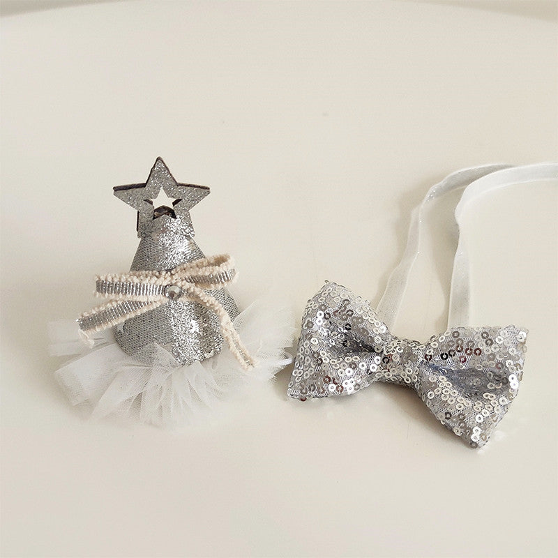 HKM-8386109 Sparkling Cat Birthday Hat Set with Bow Tie - Silver & Gold Stars