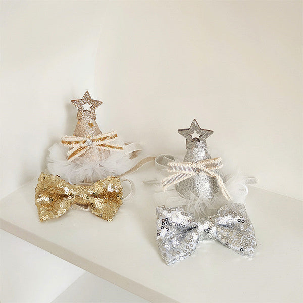 HKM-8386109 Sparkling Cat Birthday Hat Set with Bow Tie - Silver & Gold Stars