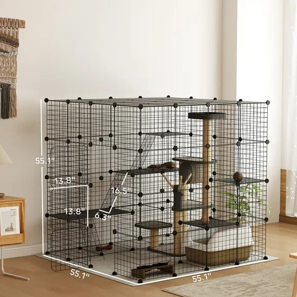 HKM-8387517 55-Inch Detachable Indoor Cat Cage with Multi-Level Platforms, Ramps, and Accessory Options for 1-3 Cats