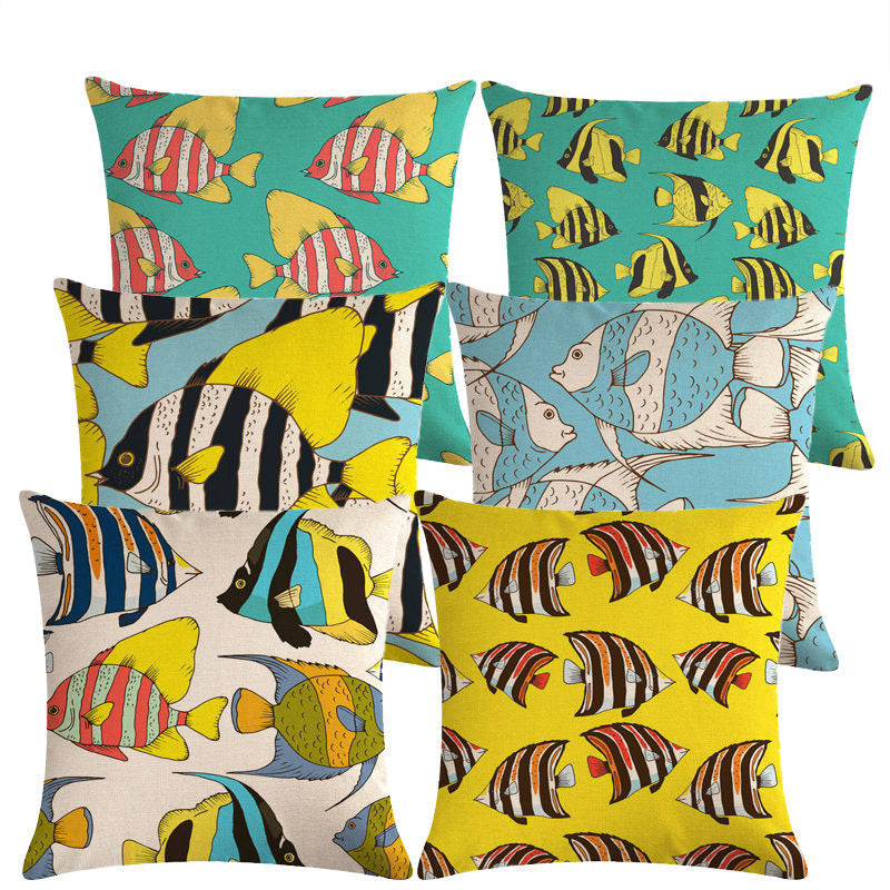 HKM-838803 Colorful Fish Design Linen Pillowcase - PP Elastic Cotton Front with Plain Cotton and Linen Back, 45cm x 45cm
