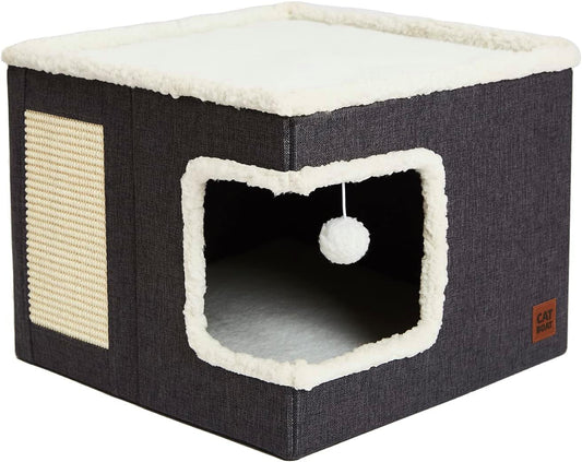 HKM-8393661 Foldable Cloth Cube Cat Nest in Khaki Beige, Navy Blue, and Gray - Comfortable Right Angle Design for Cats and Dogs