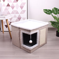 HKM-8393661 Foldable Cloth Cube Cat Nest in Khaki Beige, Navy Blue, and Gray - Comfortable Right Angle Design for Cats and Dogs