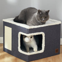HKM-8393661 Foldable Cloth Cube Cat Nest in Khaki Beige, Navy Blue, and Gray - Comfortable Right Angle Design for Cats and Dogs