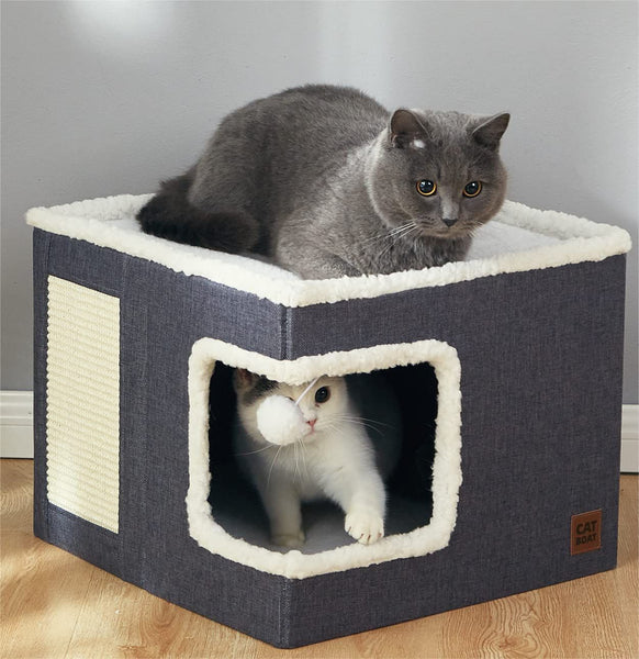 HKM-8393661 Foldable Cloth Cube Cat Nest in Khaki Beige, Navy Blue, and Gray - Comfortable Right Angle Design for Cats and Dogs