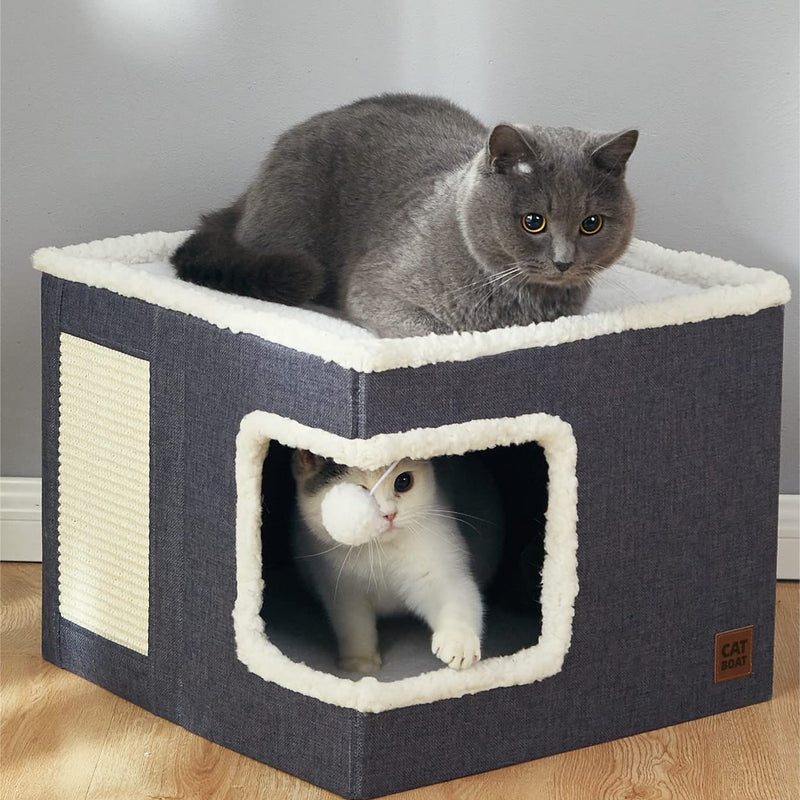 HKM-8393661 Foldable Cloth Cube Cat Nest in Khaki Beige, Navy Blue, and Gray - Comfortable Right Angle Design for Cats and Dogs