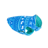 HKM-8397757 Double-Sided Christmas Polar Fleece Dog Jacket in Blue and Red, Sizes XS to XXL