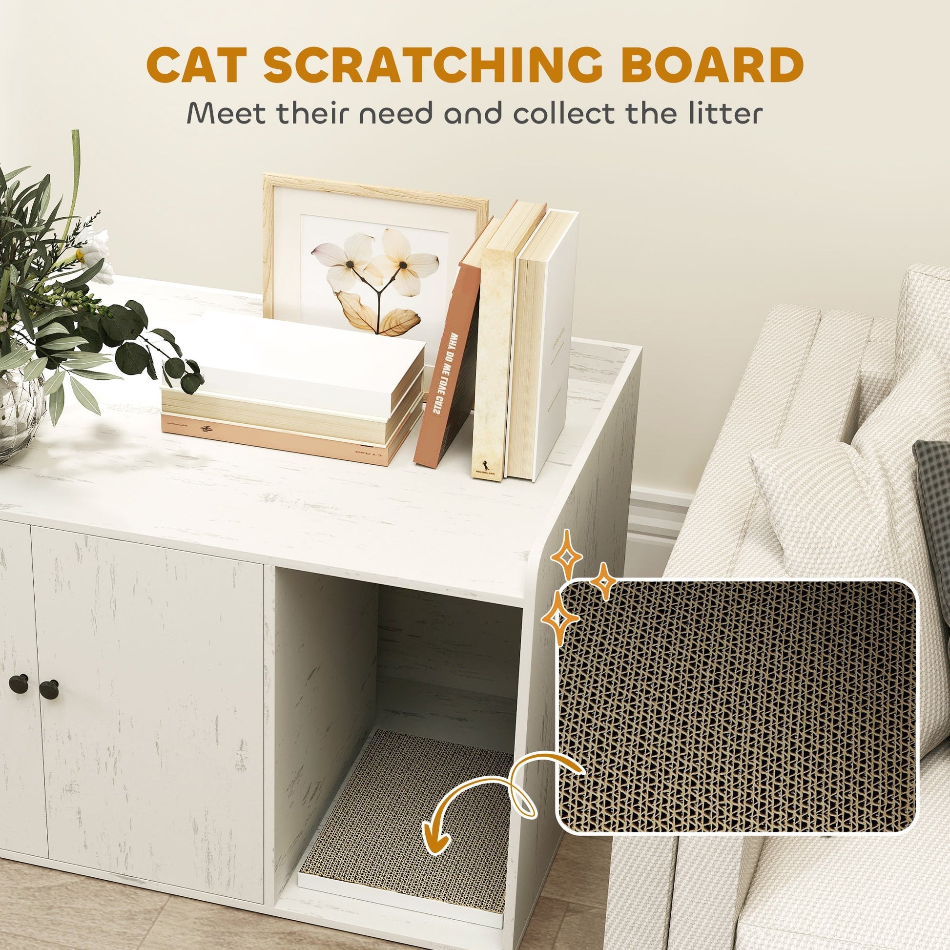 HKM-8400829 Cat Litter Box Enclosure with Scratching Mat and Side Entry - Distressed White, Fits Most Litter Boxes Up to 20.5" L
