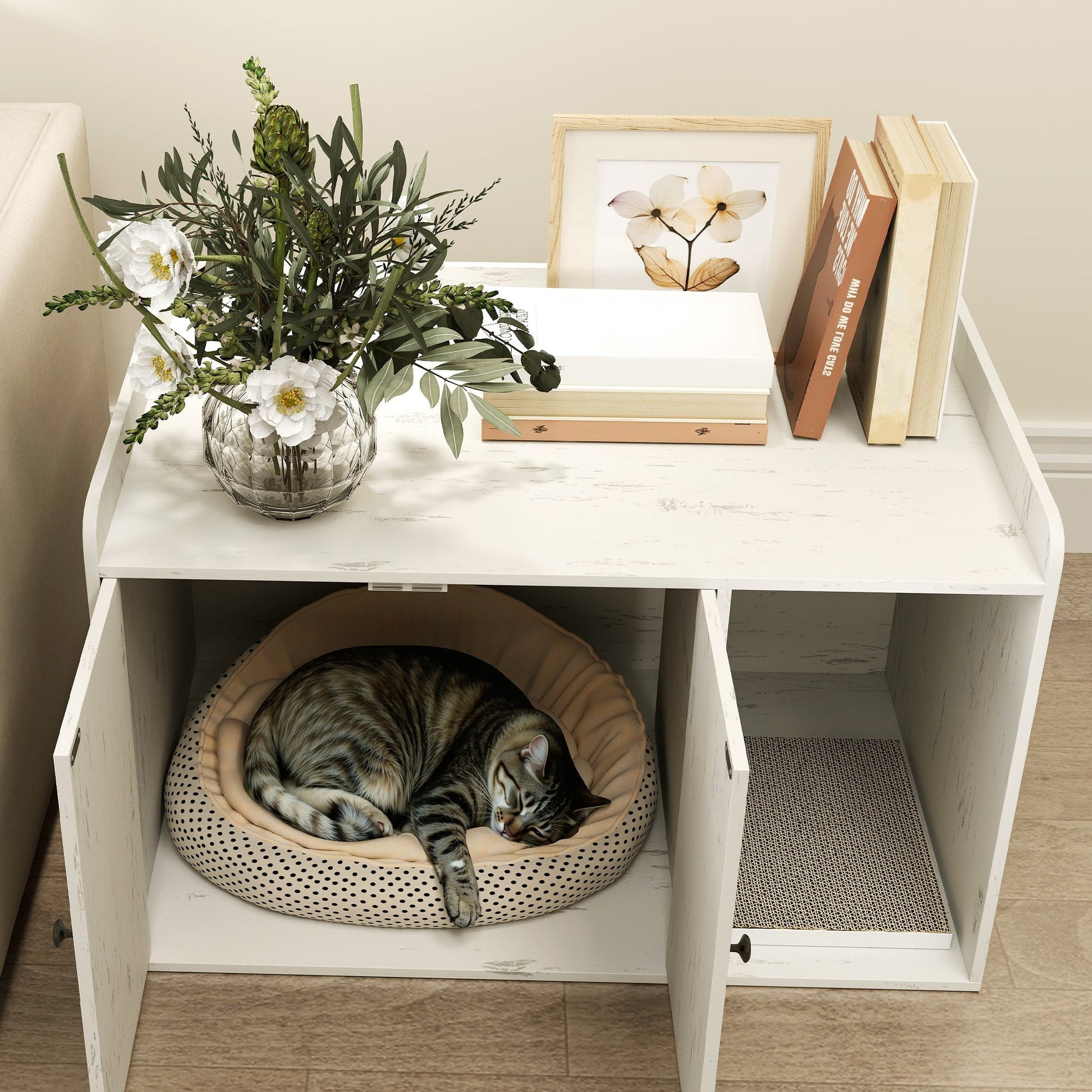 HKM-8400829 Cat Litter Box Enclosure with Scratching Mat and Side Entry - Distressed White, Fits Most Litter Boxes Up to 20.5" L