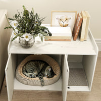 HKM-8400829 Cat Litter Box Enclosure with Scratching Mat and Side Entry - Distressed White, Fits Most Litter Boxes Up to 20.5" L