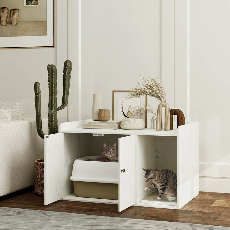 HKM-8400829 Cat Litter Box Enclosure with Scratching Mat and Side Entry - Distressed White, Fits Most Litter Boxes Up to 20.5" L