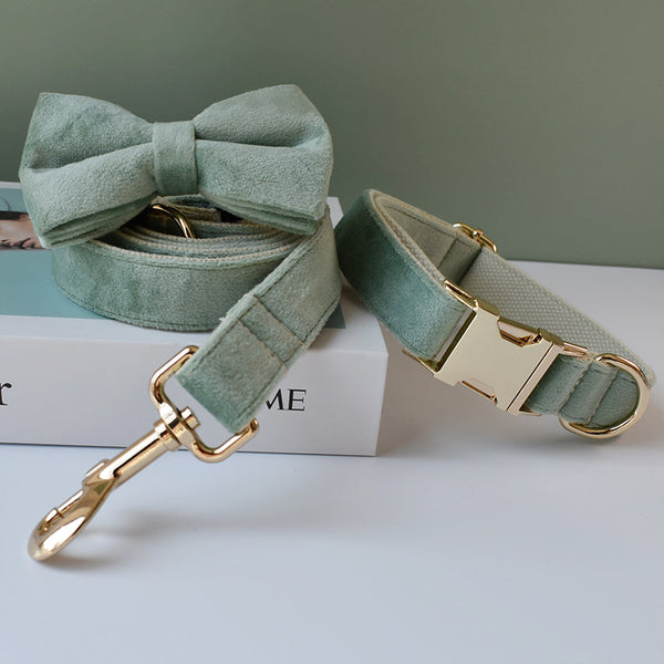 HKM-8401213 Mint Green Velvet Dog Collar and Leash Set with Bow and Dog Ring