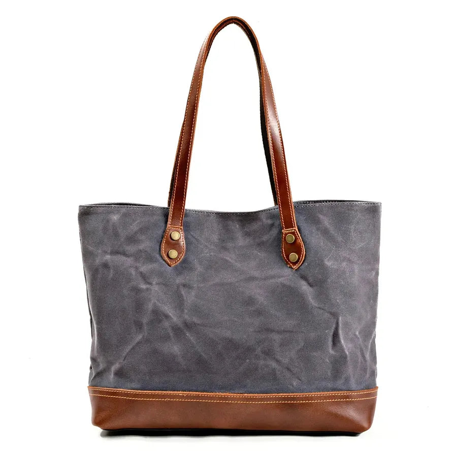 HKM-840467 Solid Colour Canvas and Genuine Leather Tote Bag for Women - 5 Stylish Options Available