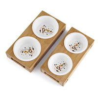 HKM-8405309 Double Bowl Cat Feeding Station with Bamboo Frame and Stainless Steel Bowls