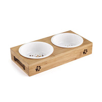 HKM-8405309 Double Bowl Cat Feeding Station with Bamboo Frame and Stainless Steel Bowls