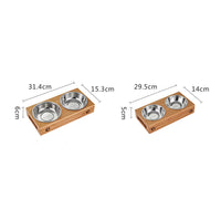 HKM-8405309 Double Bowl Cat Feeding Station with Bamboo Frame and Stainless Steel Bowls