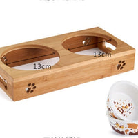 HKM-8405309 Double Bowl Cat Feeding Station with Bamboo Frame and Stainless Steel Bowls