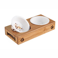 HKM-8405309 Double Bowl Cat Feeding Station with Bamboo Frame and Stainless Steel Bowls