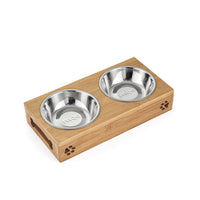 HKM-8405309 Double Bowl Cat Feeding Station with Bamboo Frame and Stainless Steel Bowls