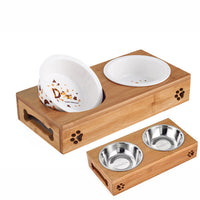 HKM-8405309 Double Bowl Cat Feeding Station with Bamboo Frame and Stainless Steel Bowls