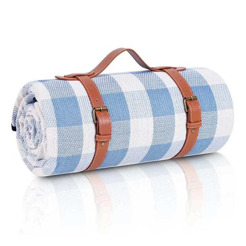 HKM-840915 Outdoor Eco-Friendly Waterproof Picnic Blanket with Leather Strap - Portable Recycled Oxford Mat for Camping and Beach