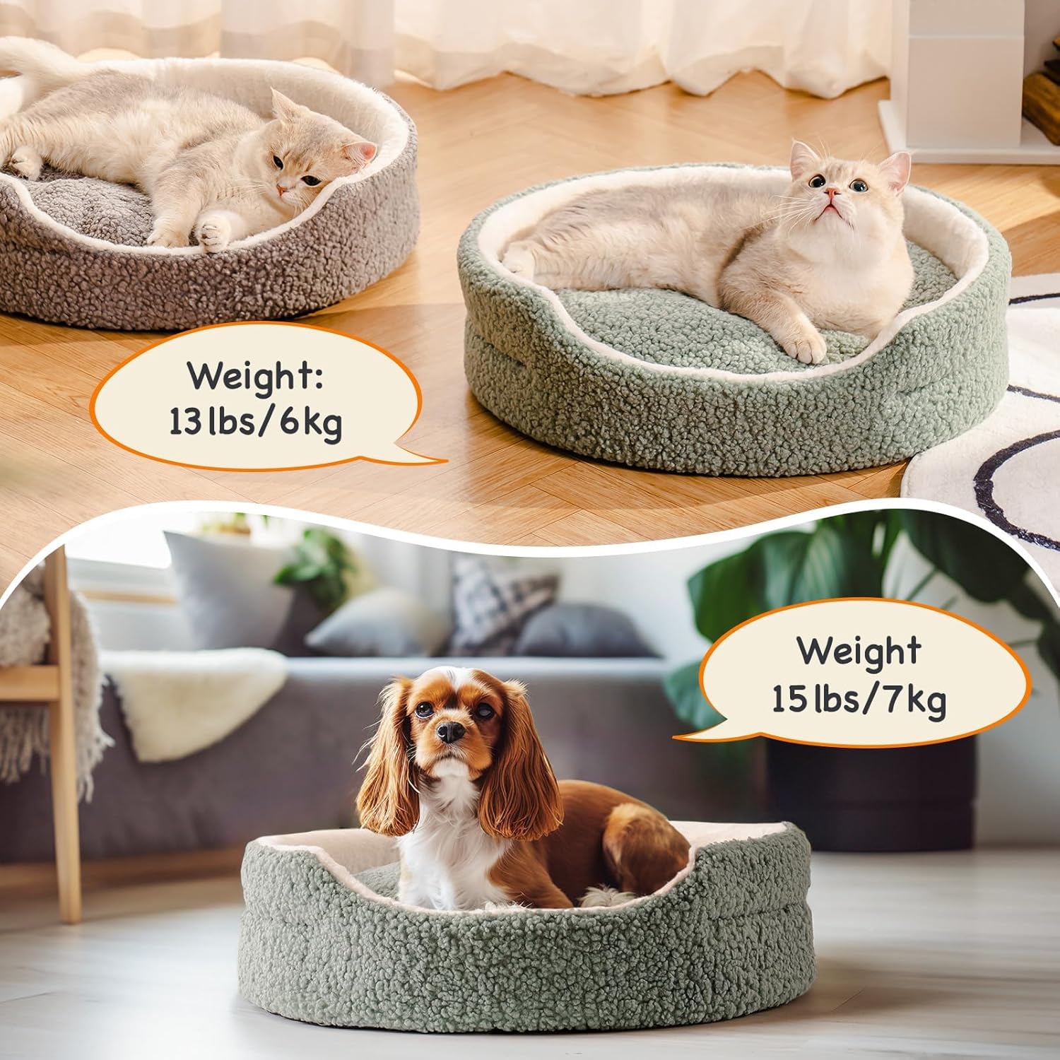 HKM-8409533 Orthopedic Round Pet Bed for Cats & Small Dogs - 23-Inch Plush Bed with Non-Slip Bottom, Sage Green