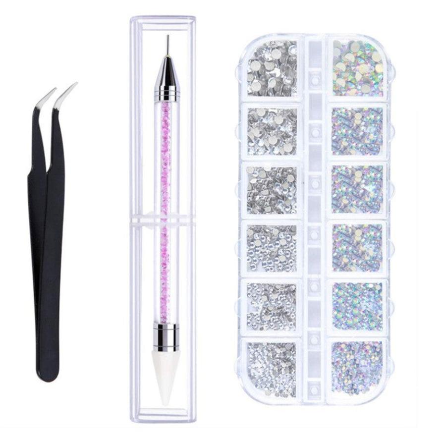 HKM-841043 Three-Piece Double-Headed Diamond Pen and Tweezer Set for Nail Enhancement