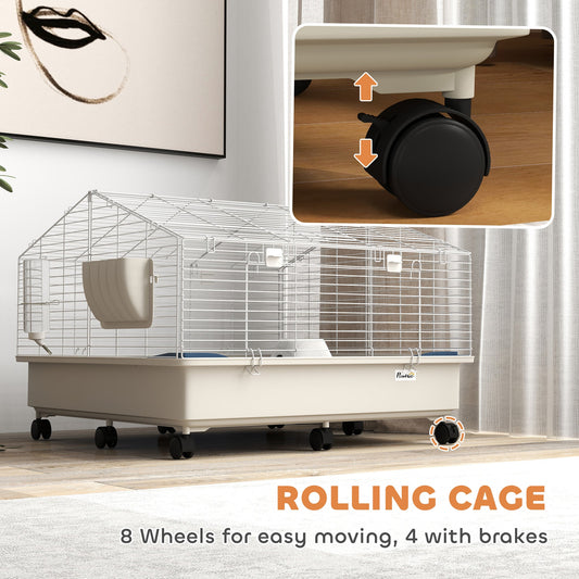 HKM-8414525 Two-Layer Rolling Small Animal Cage with Hideaway, Feeding Bowl, Hay Feeder, Water Bottle - Ideal for Rabbits, Guinea Pigs, Hedgehogs