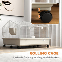 HKM-8414525 Two-Layer Rolling Small Animal Cage with Hideaway, Feeding Bowl, Hay Feeder, Water Bottle - Ideal for Rabbits, Guinea Pigs, Hedgehogs