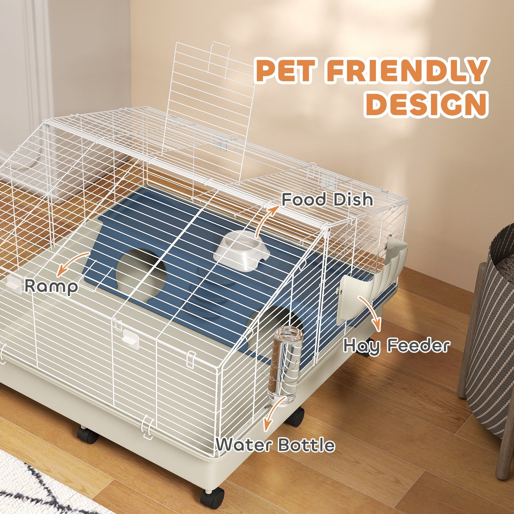 HKM-8414525 Two-Layer Rolling Small Animal Cage with Hideaway, Feeding Bowl, Hay Feeder, Water Bottle - Ideal for Rabbits, Guinea Pigs, Hedgehogs