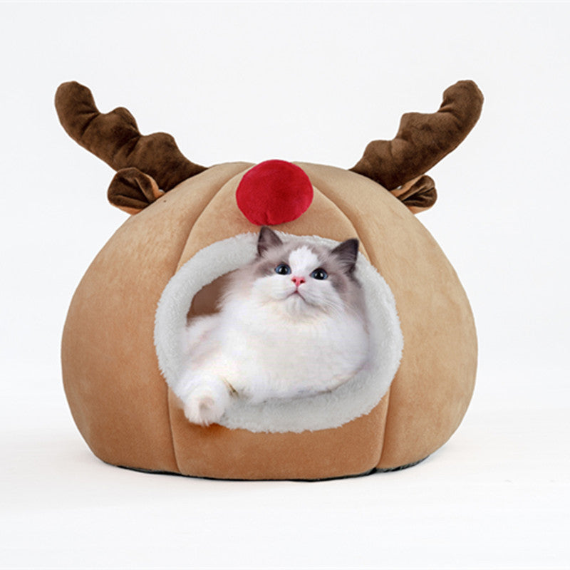 HKM-8415677 Cozy Christmas Reindeer Kennel Pet Tent in Soft Plush and Arctic Fleece