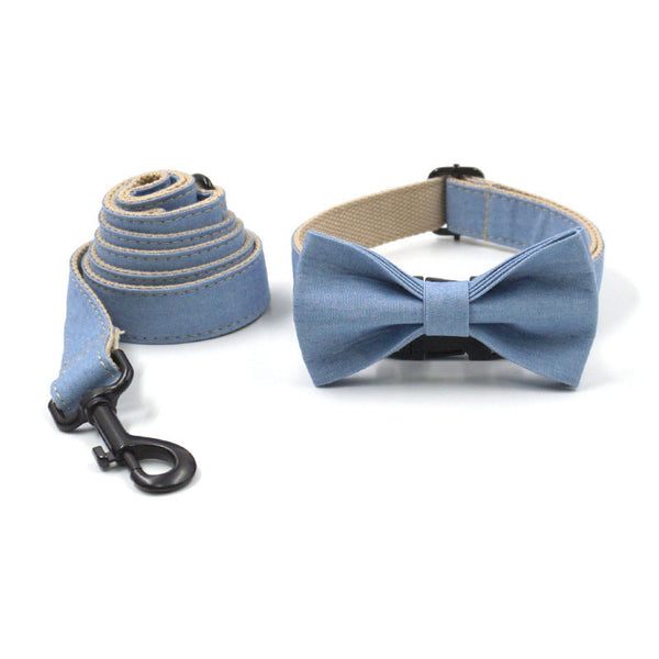 HKM-8416445 Denim Pet Collar and Leash Set with Bowknot - Light Denim Color Options Available