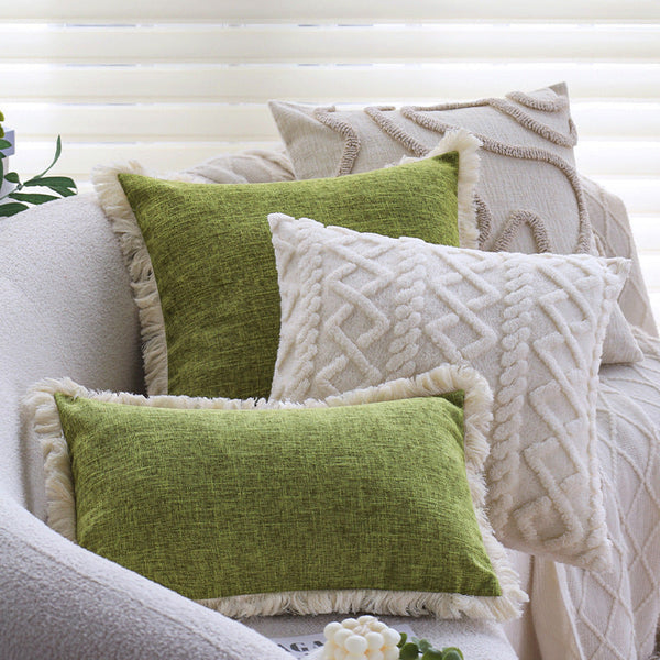 HKM-841683 Linen Green Lumbar Support Pillow Cover, Solid Beige & White Options Available, 30x50cm & 45x45cm Sizes
