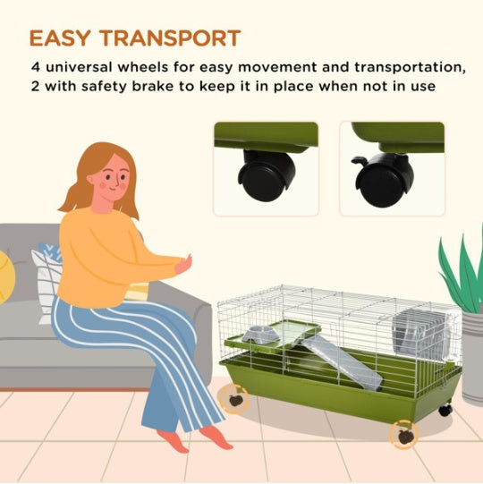 HKM-8420285 Rolling Small Animal Cage for Rabbits, Guinea Pigs & Chinchillas with Wheels and Accessories