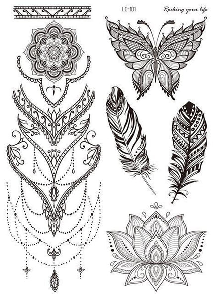 HKM-842195 Water Transfer Geometry Henna Tattoo Sticker - Assorted Patterns LC-101 to LC-109, 210 x 150mm