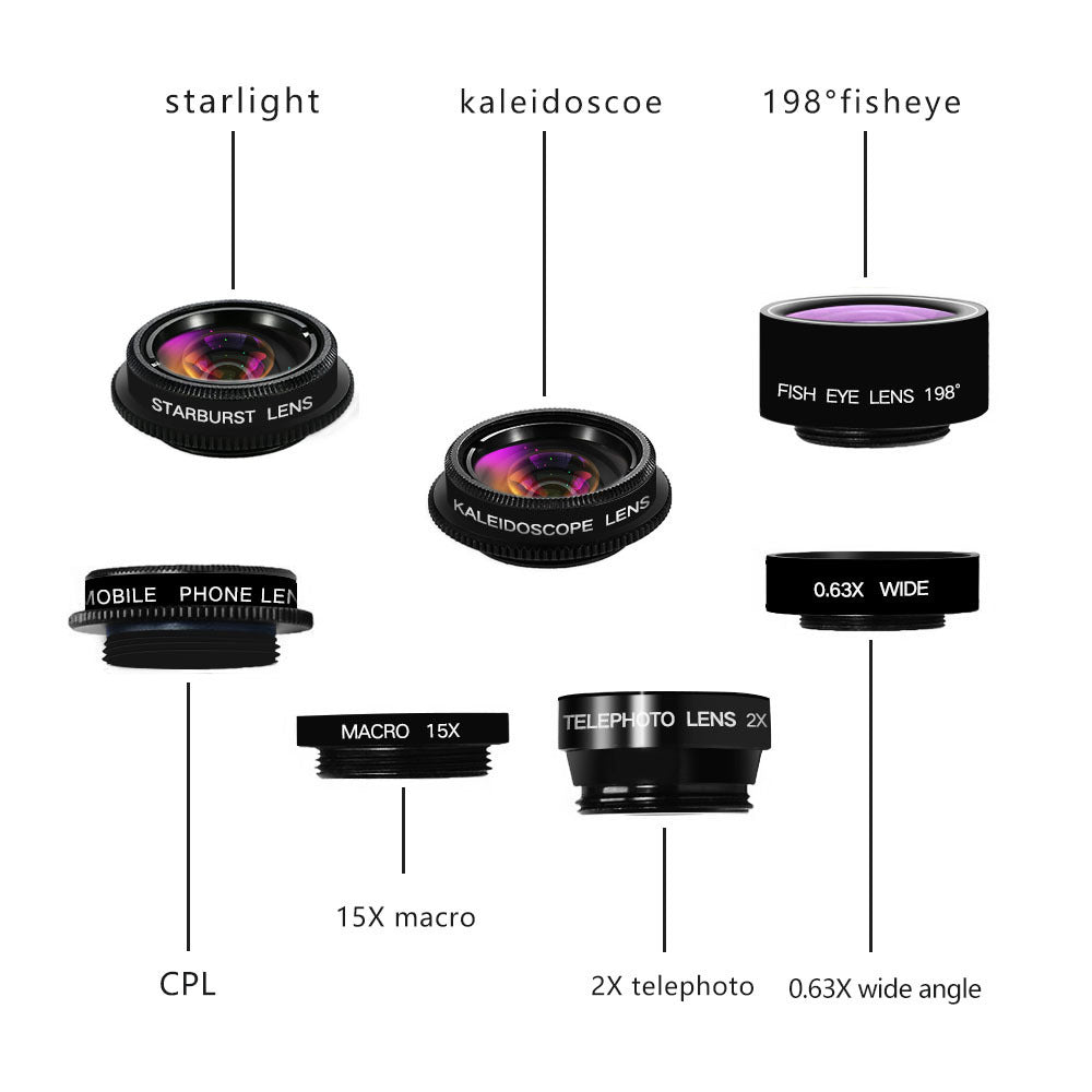 HKM-842259 7-in-1 Mobile Phone Lens Set: Fisheye, Wide Angle, Macro, Telephoto, Polarizer, Kaleidoscope with Clip and Accessories